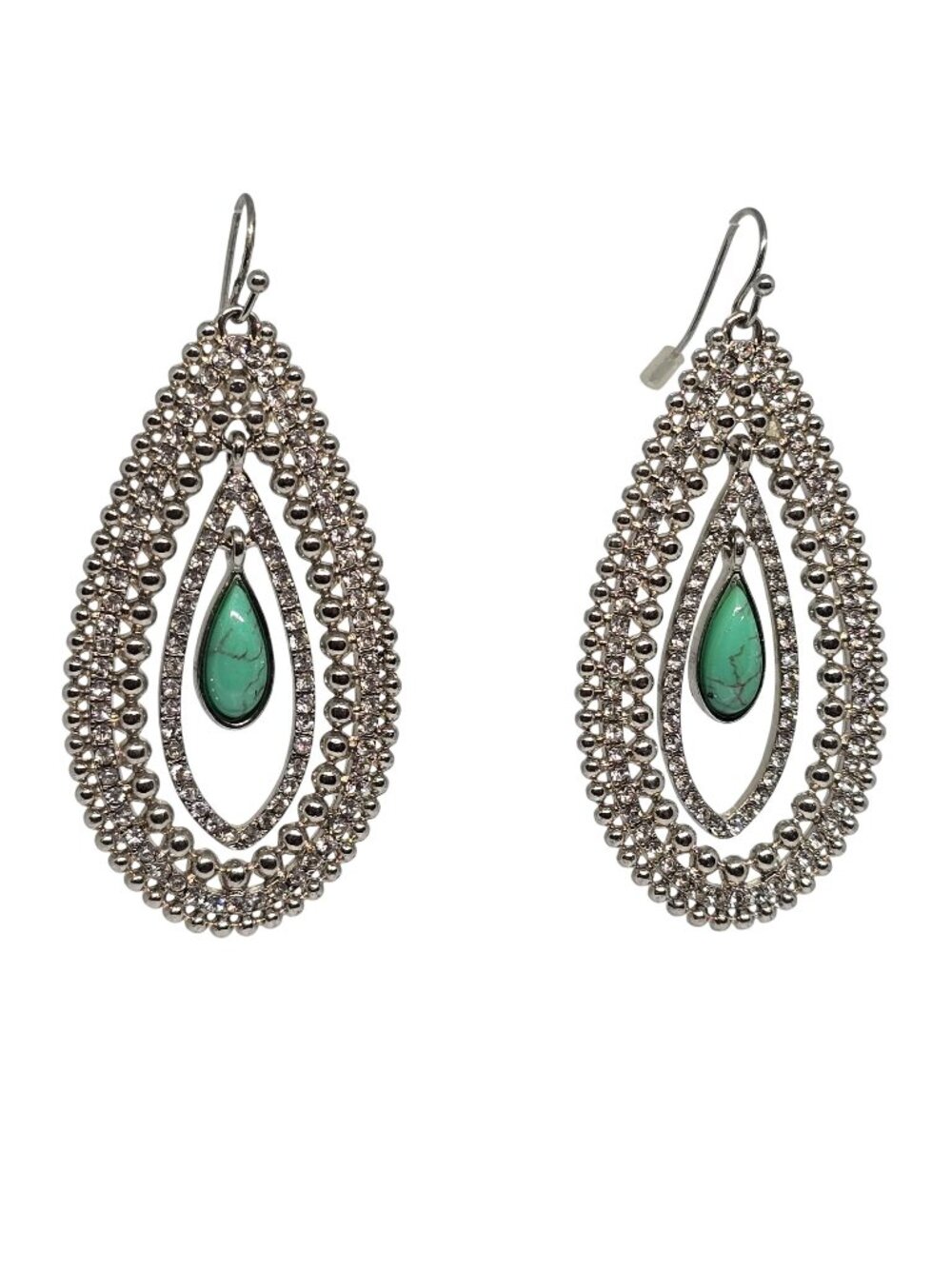 Silver Tone Rhinestone Turquoise Teardrop Dangle Earrings Boho Western Chic